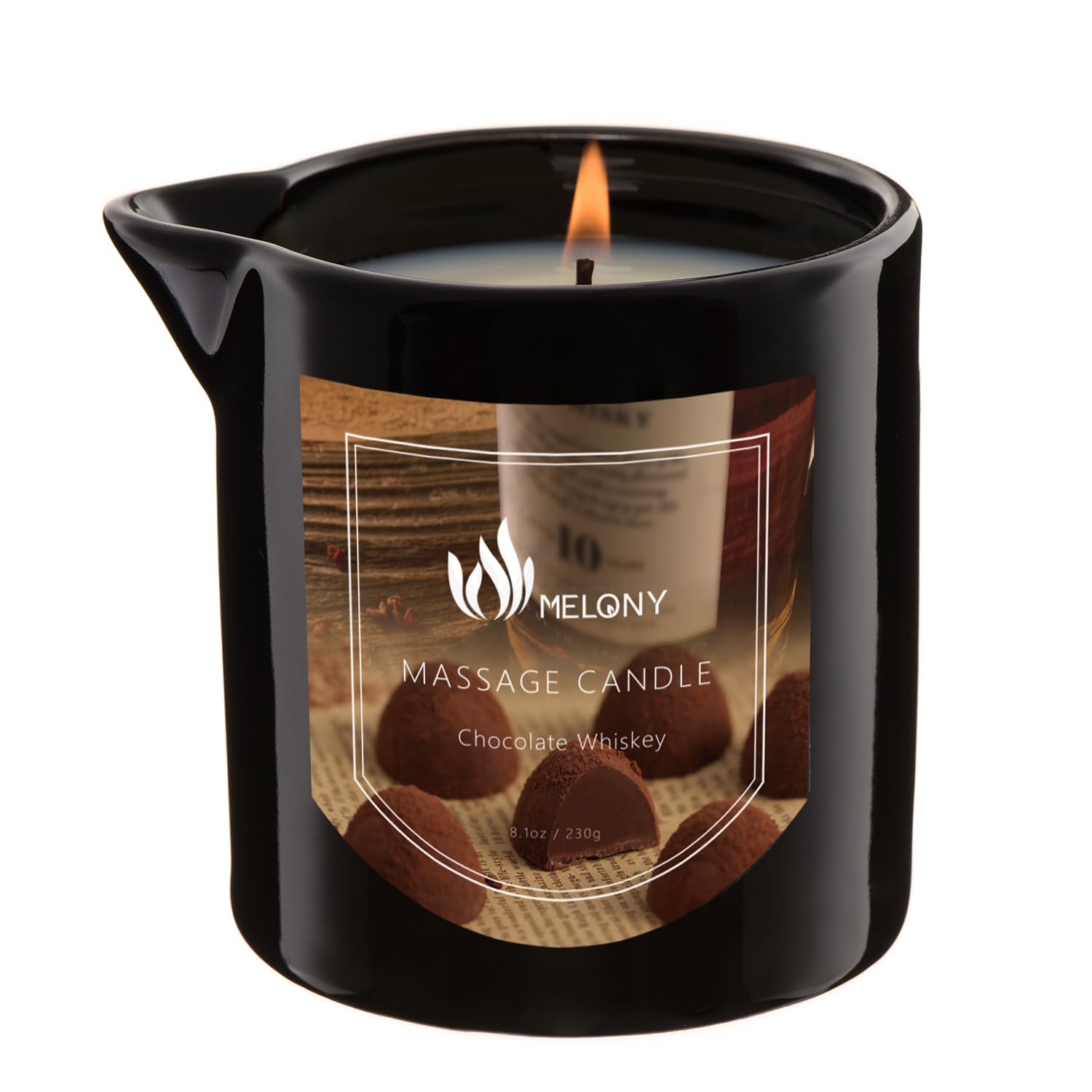 Melony Massage Oil Candle jar-lit image for calming ambience and spa-like aroma.