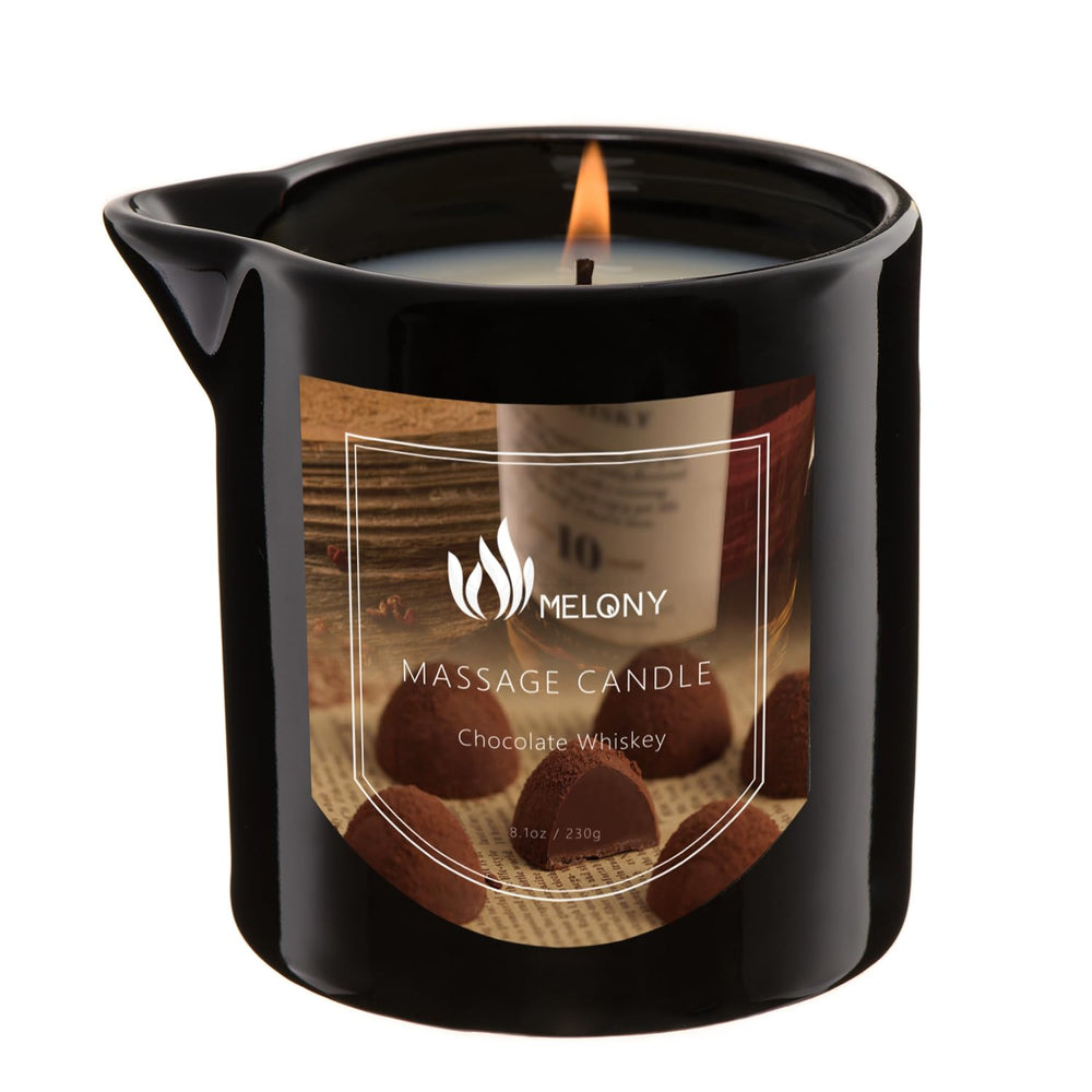 Melony Massage Oil Candle jar-lit image for calming ambience and spa-like aroma.