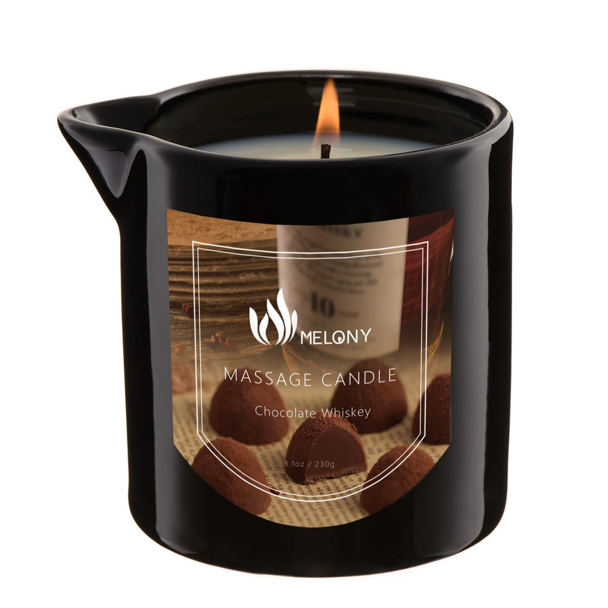 Melony Massage Oil Candle jar-lit image for calming ambience and spa-like aroma.