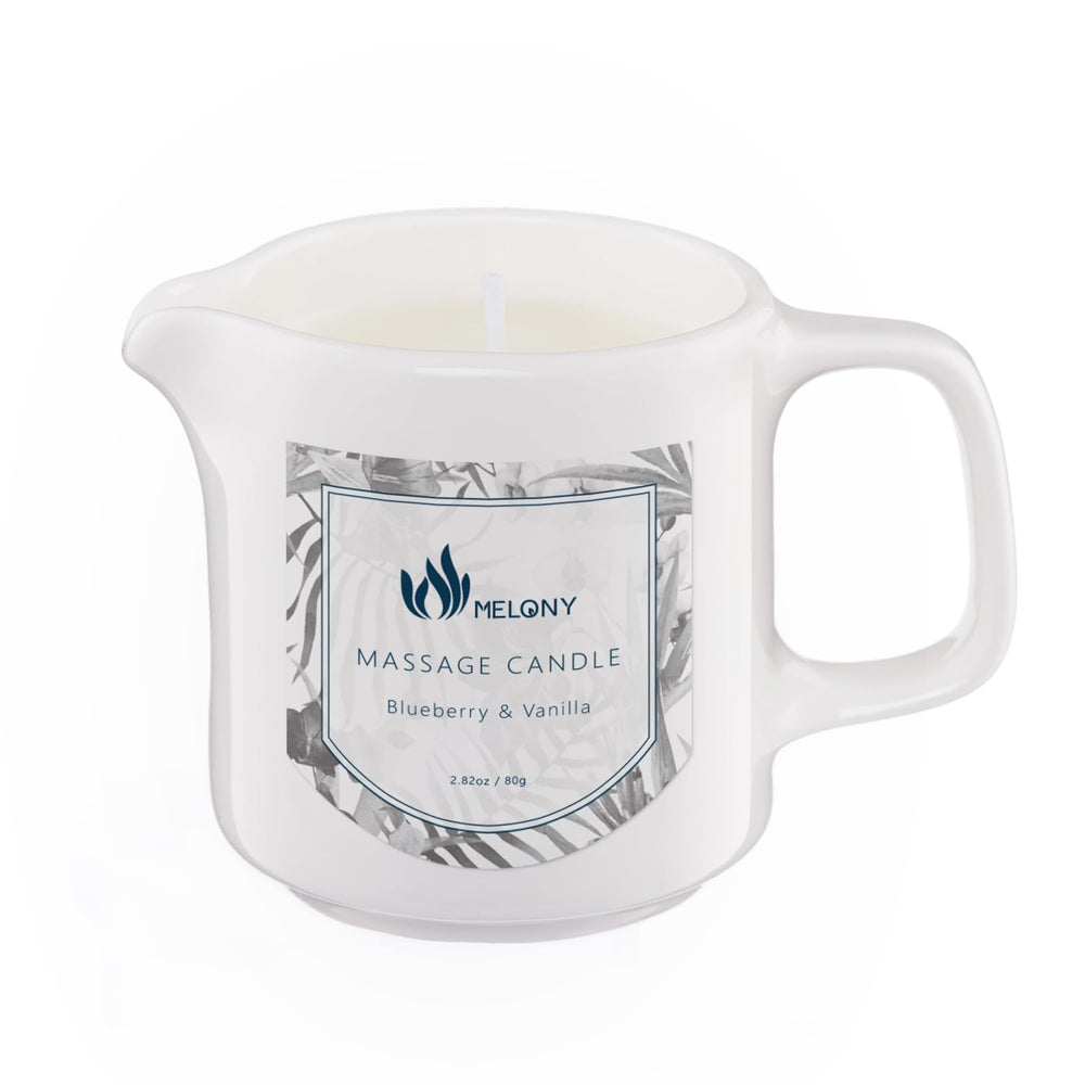 Melony soy massage oil candle blue-vanilla jar shows premium home spa design.