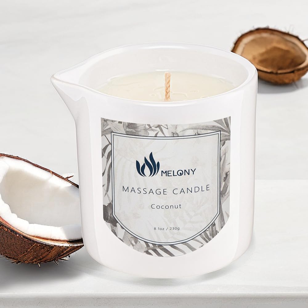 MELONY coconut wax-pour close-up showing a warm, massage-friendly oil