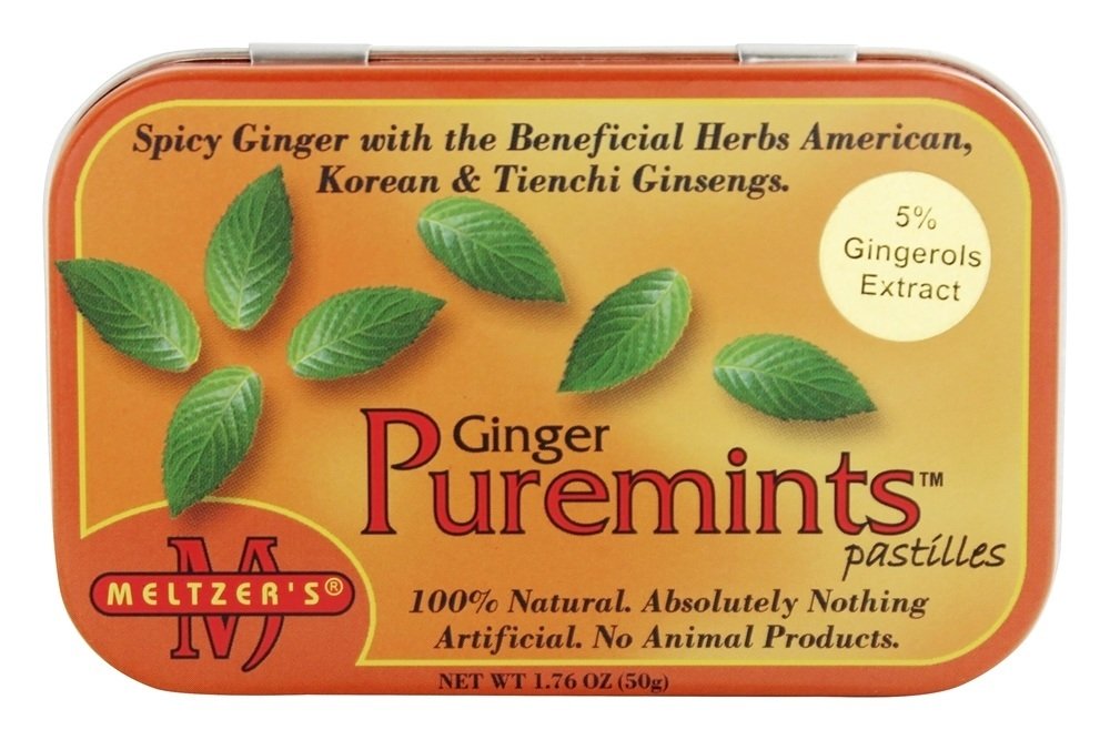 Meltzer's Puremints Ginger pack image highlights portable 1.76 oz tin for travel.