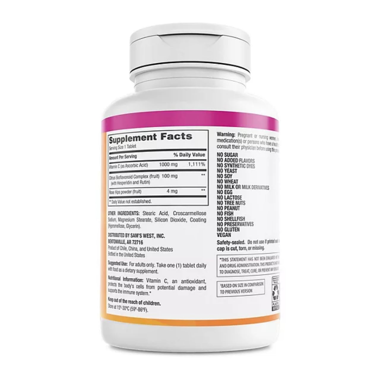 Member's Mark Vitamin C 1000 mg label close-up highlighting rose hips and bioflavonoids