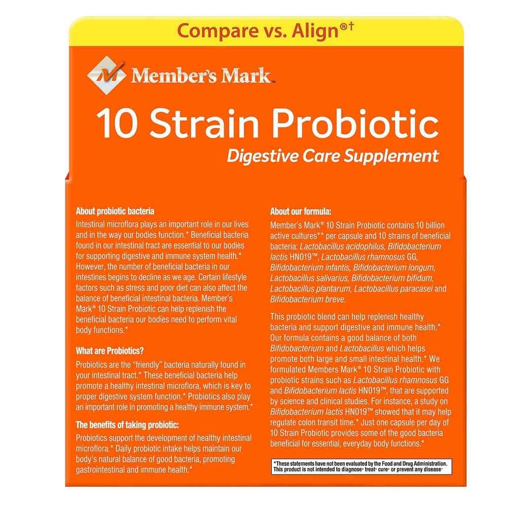 Close-up of Member's Mark probiotic capsules showing 10 strains per serving.