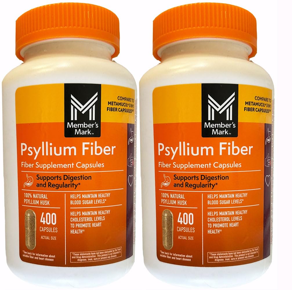 Member's Mark Fiber Capsules two-pack bottles front view highlighting psyllium fiber for daily goals.