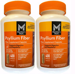 Member's Mark Fiber Capsules two-pack bottles front view highlighting psyllium fiber for daily goals.