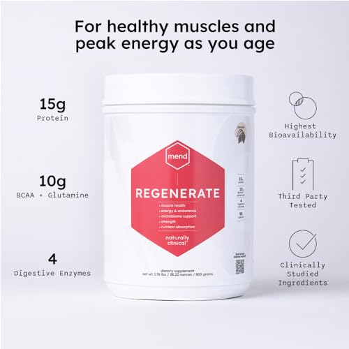 MEND Regenerate vanilla protein powder mixing glass offers smooth shakes after workouts.