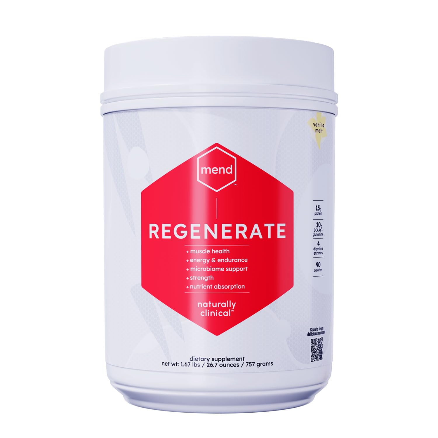 MEND Regenerate vanilla protein powder tub supports post-workout recovery and daily protein intake.