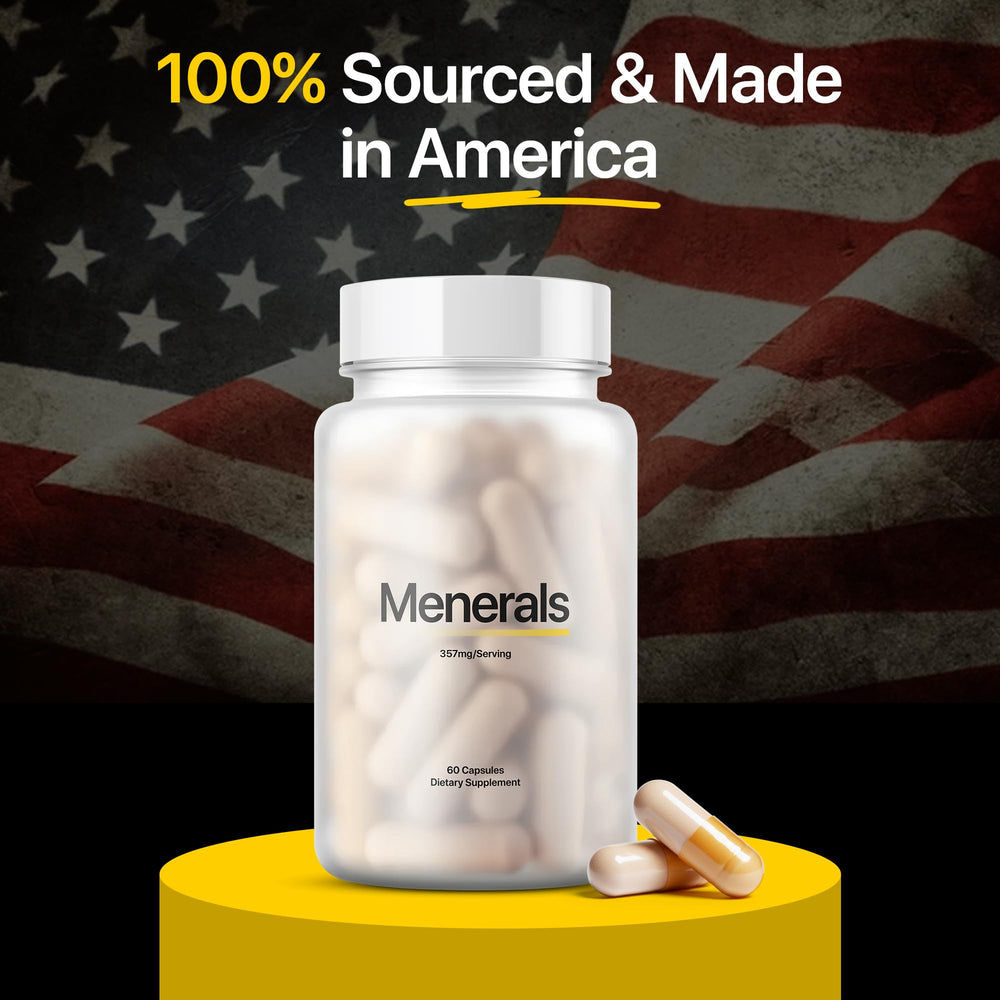 Menerals Mens Multivitamin display stand featuring complete daily supplement