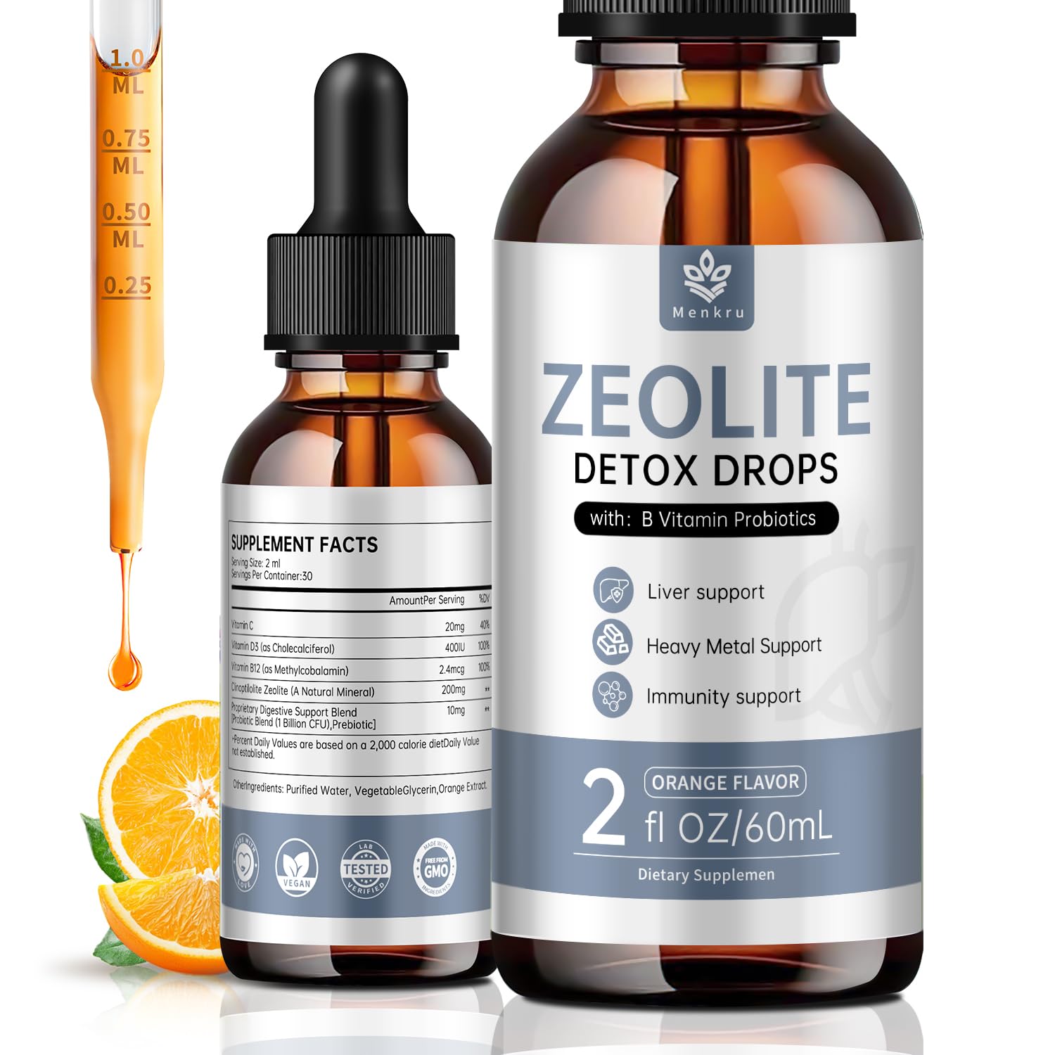 Menkru Zeolite Drops bottle closeup highlighting high purity zeolite for daily balance.