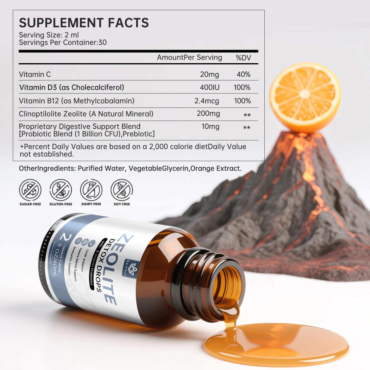 Menkru Zeolite Drops orange flavor being mixed into a glass.