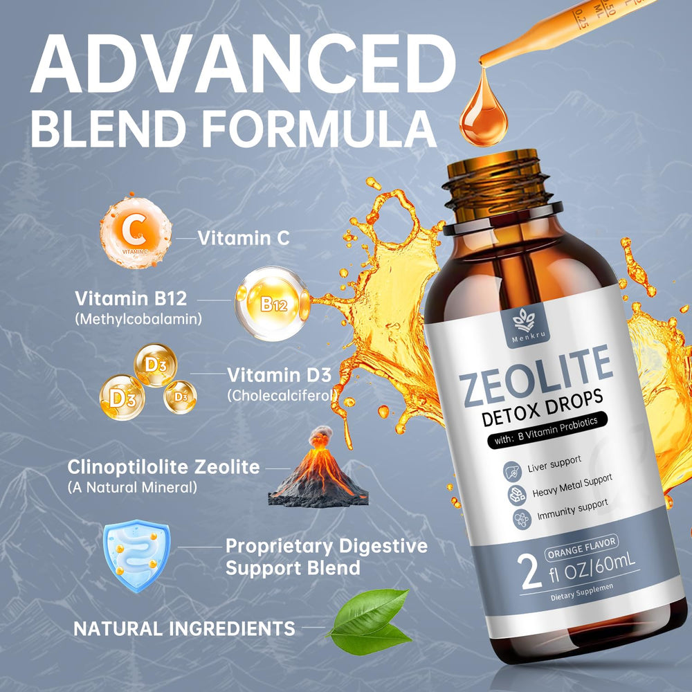 Menkru Zeolite Drops probiotic blend shown on label for gut support.