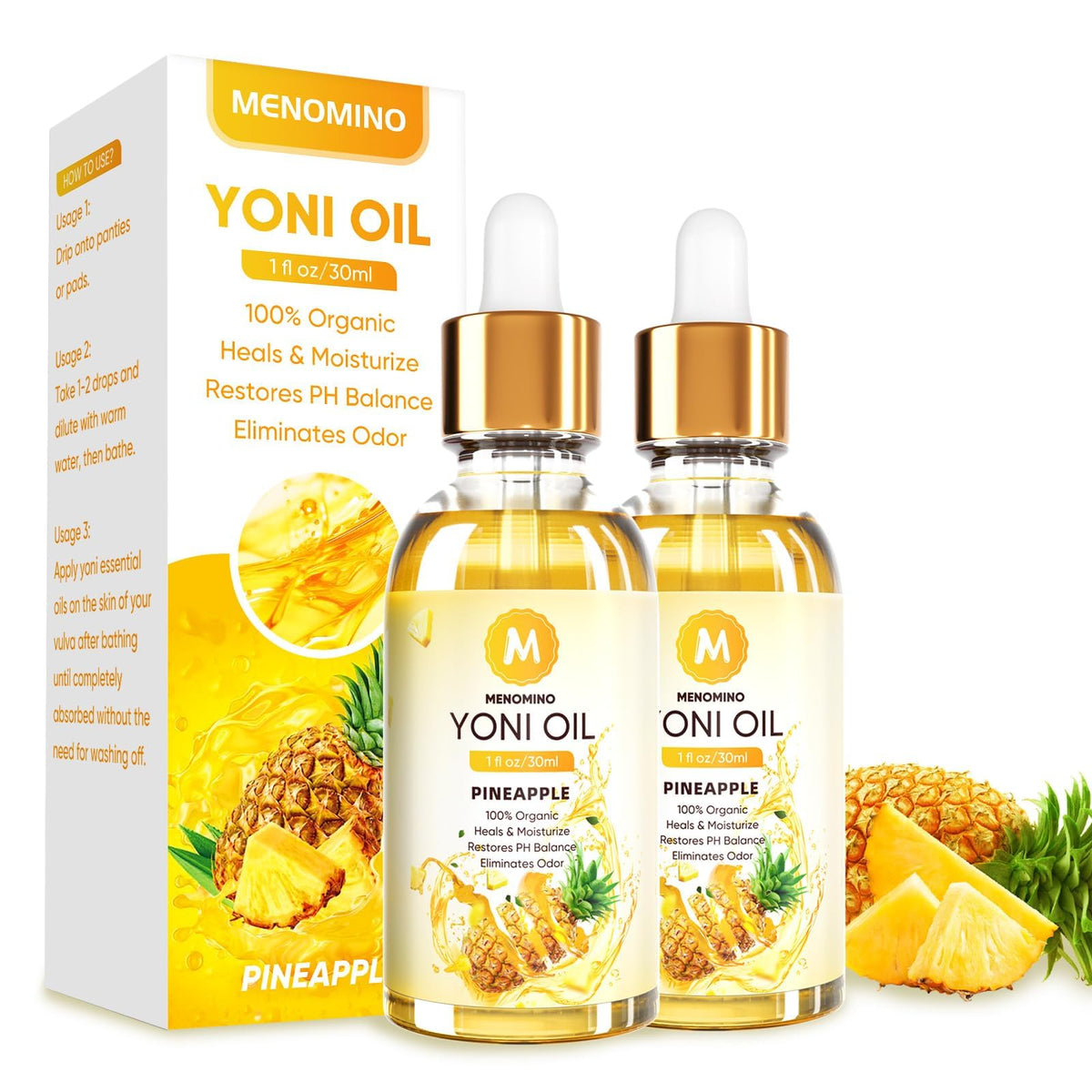 MENOMINO yoni oil 2-pack bottle with pineapple label, supports daily pH balance.