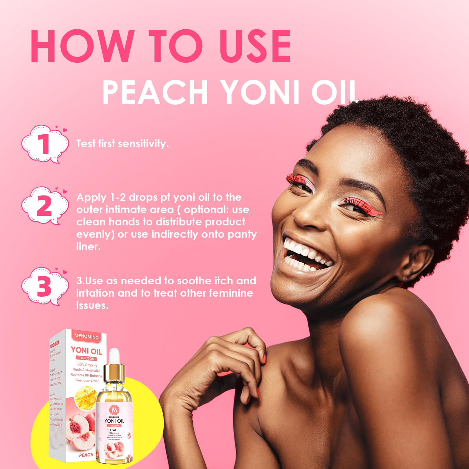MENOMINO organic peach yoni oil packaging emphasizes natural ingredients