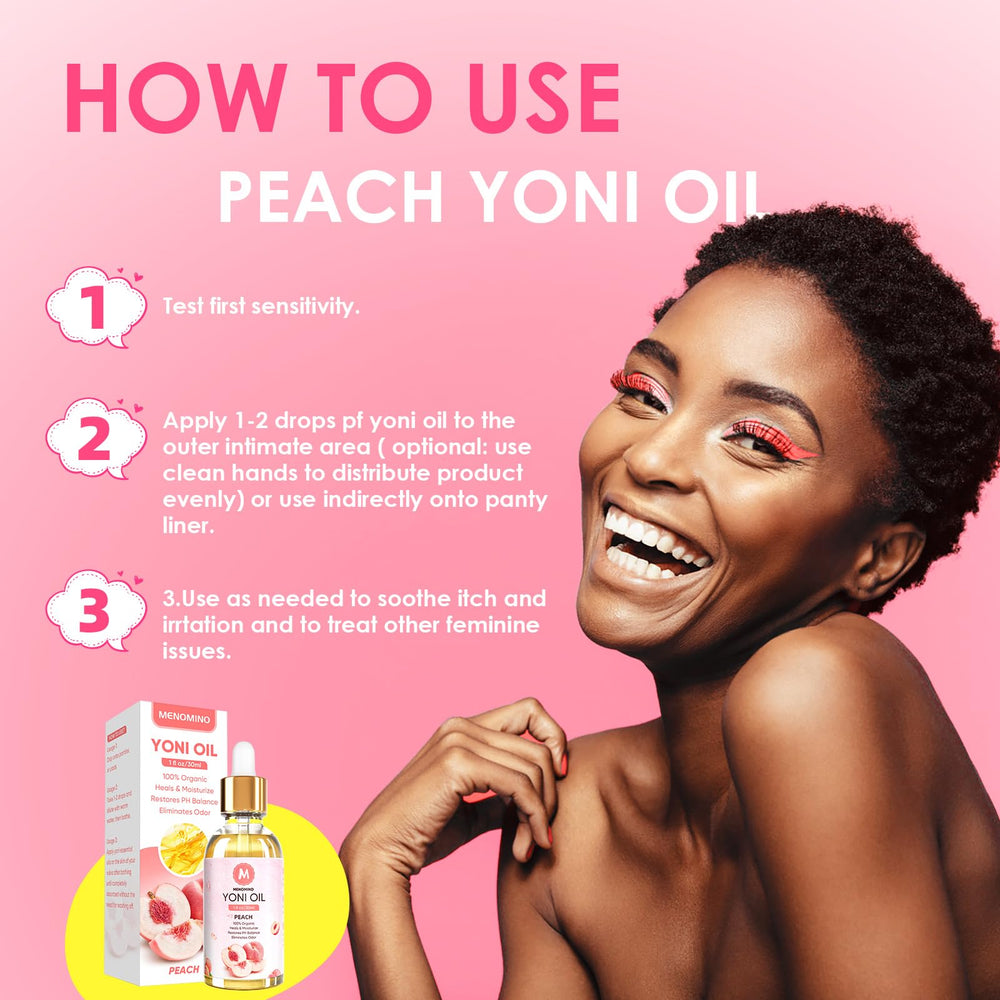 MENOMINO organic peach yoni oil packaging emphasizes natural ingredients