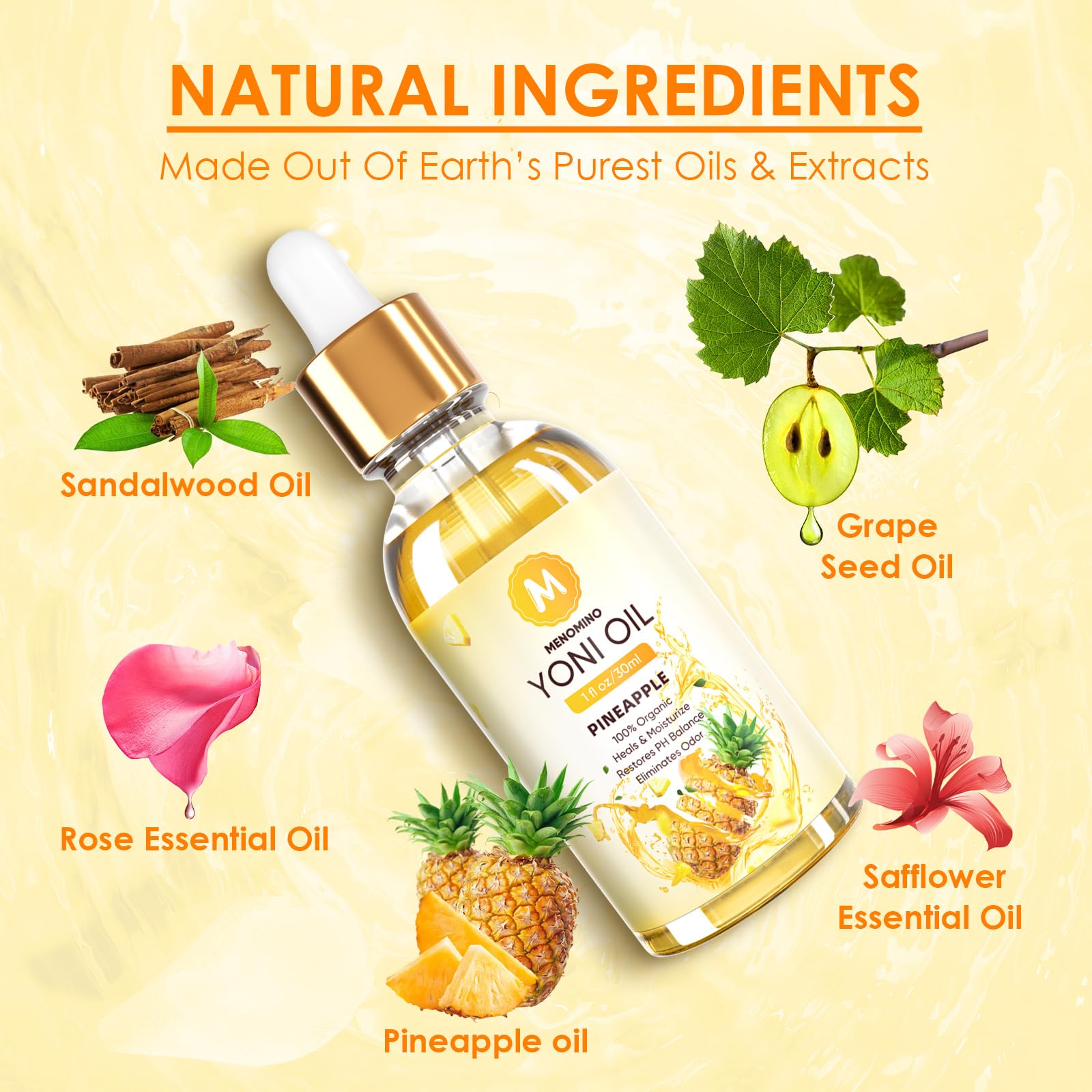 MENOMINO yoni oil ingredients close-up highlighting natural plant oils and antioxidants.