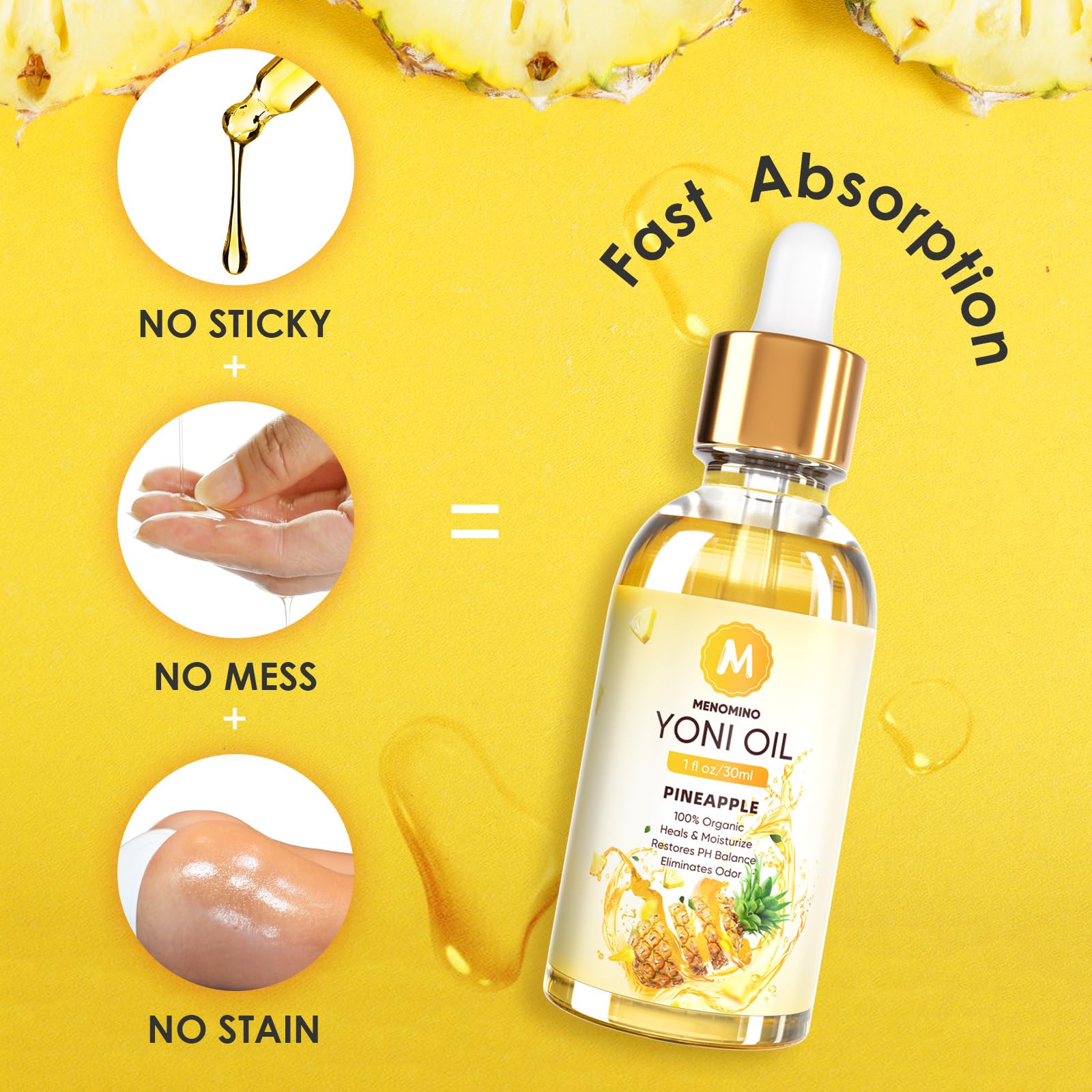 MENOMINO yoni oil scent and texture portraying fresh, fruity aroma.