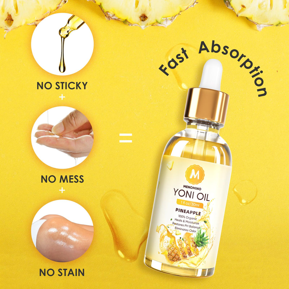 MENOMINO yoni oil scent and texture portraying fresh, fruity aroma.