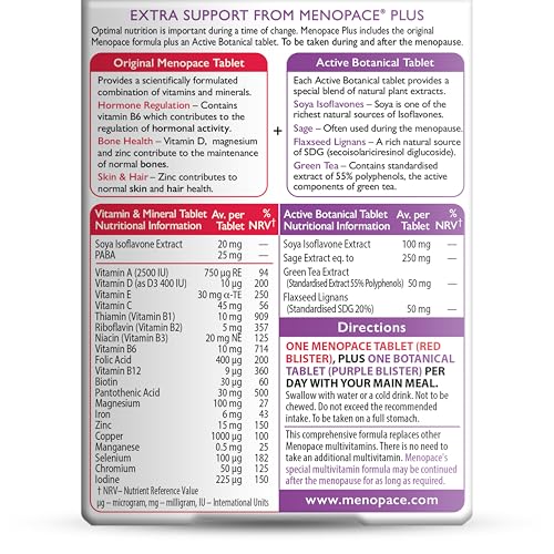 Menopace Plus Active Botanical two 28-tablet packs on shelf for convenient daily use