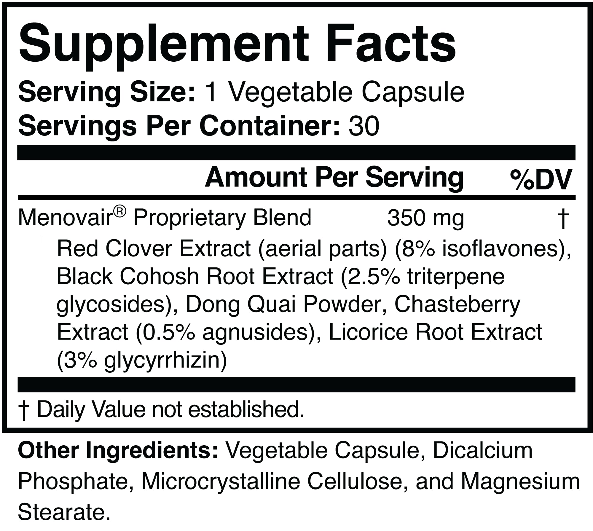 Menovair capsules close-up highlighting 30-count bottle for daily use