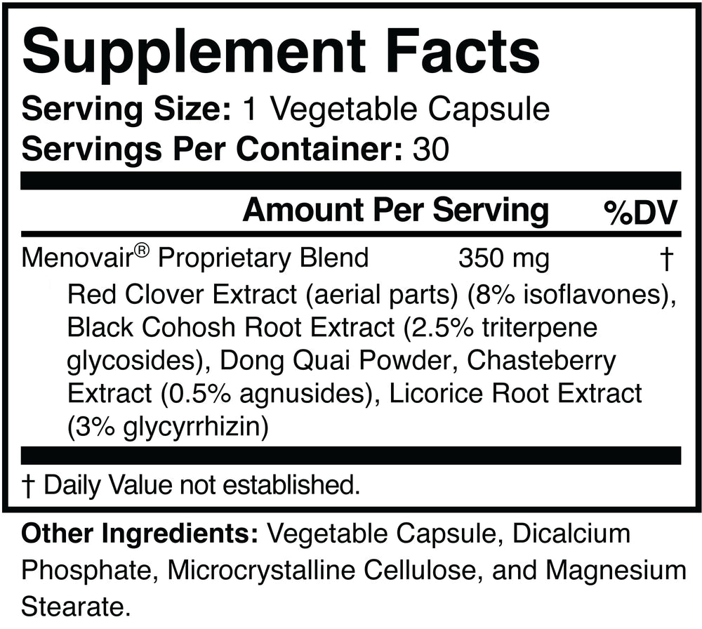 Menovair capsules close-up highlighting 30-count bottle for daily use