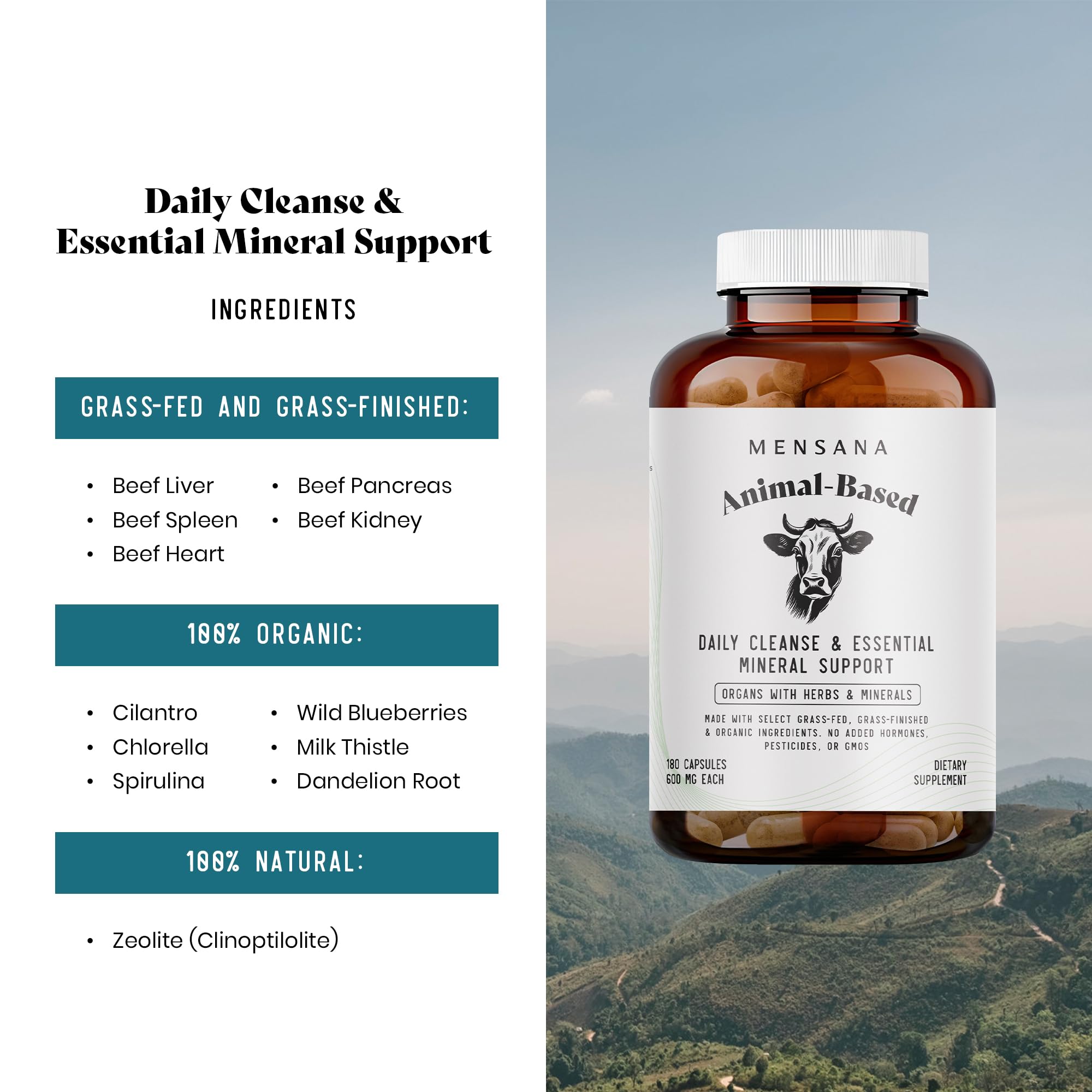 MENSANA ingredients panel shows organ blend for nutrient-dense mineral support
