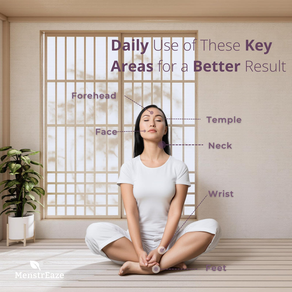 Applying MenstrEaze Calm Roll-On during a busy day at work or home.