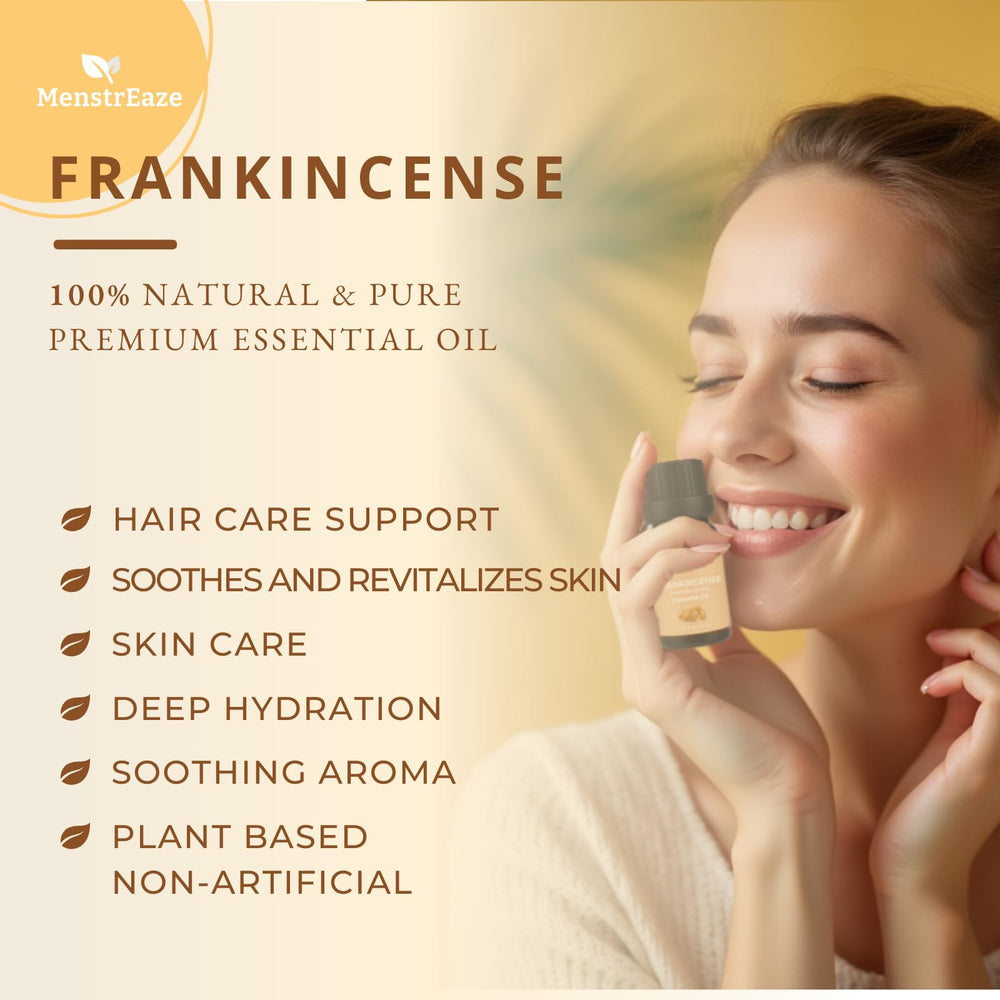 MenstrEaze frankincense diffuser scene for grounding aromatherapy.