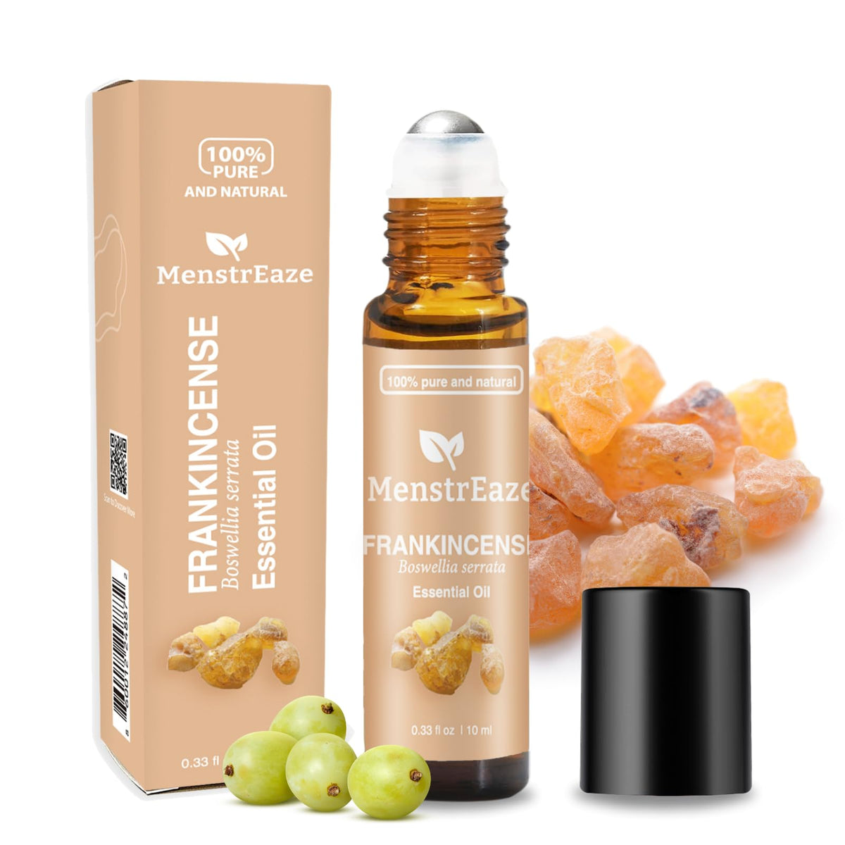 MenstrEaze frankincense-grapeseed roll-on bottle showcases soothing daytime calm.