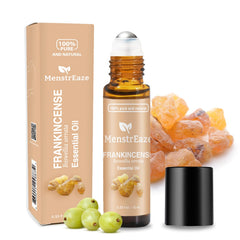 MenstrEaze frankincense-grapeseed roll-on bottle showcases soothing daytime calm.