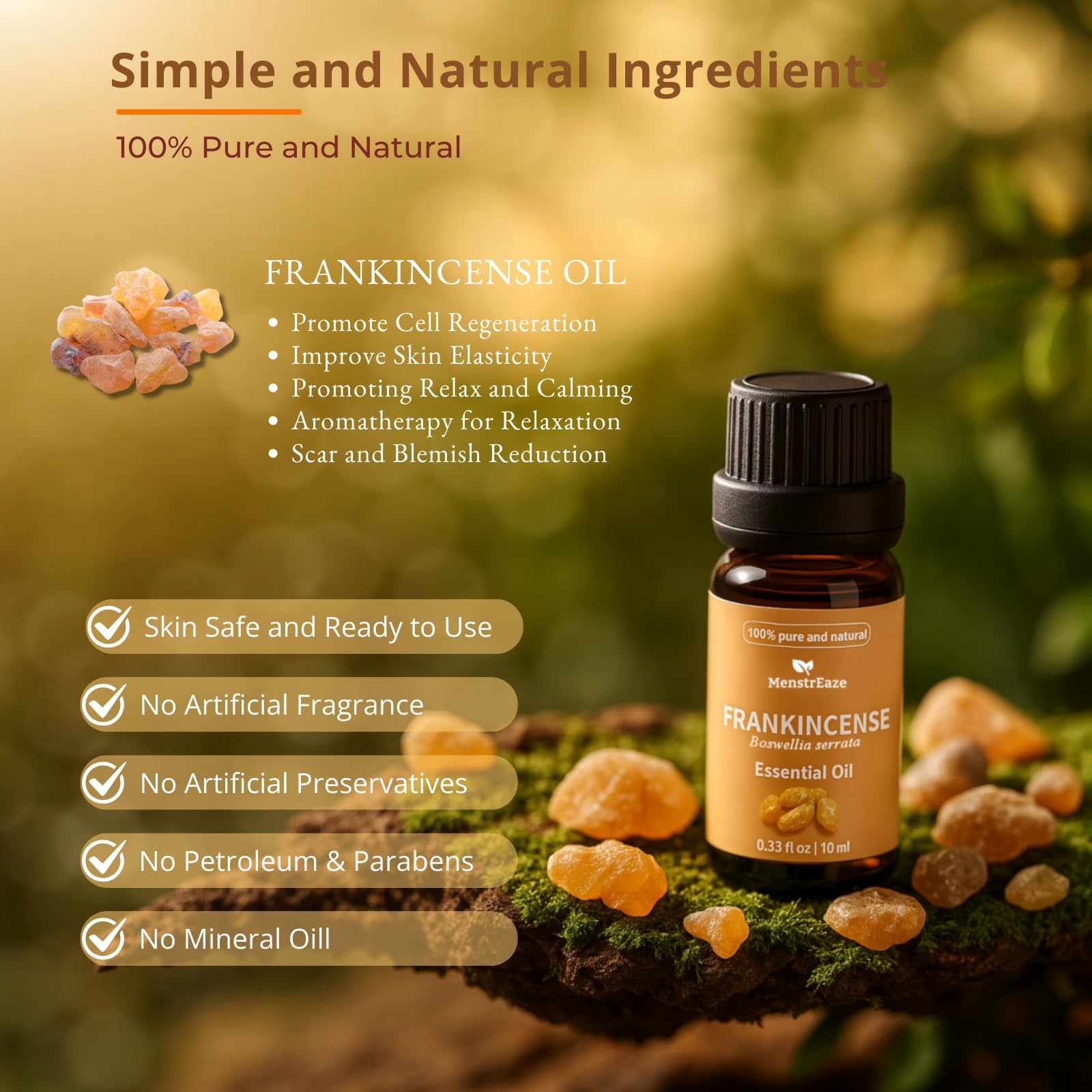 MenstrEaze frankincense ingredients highlight non-GMO, cruelty-free formula.