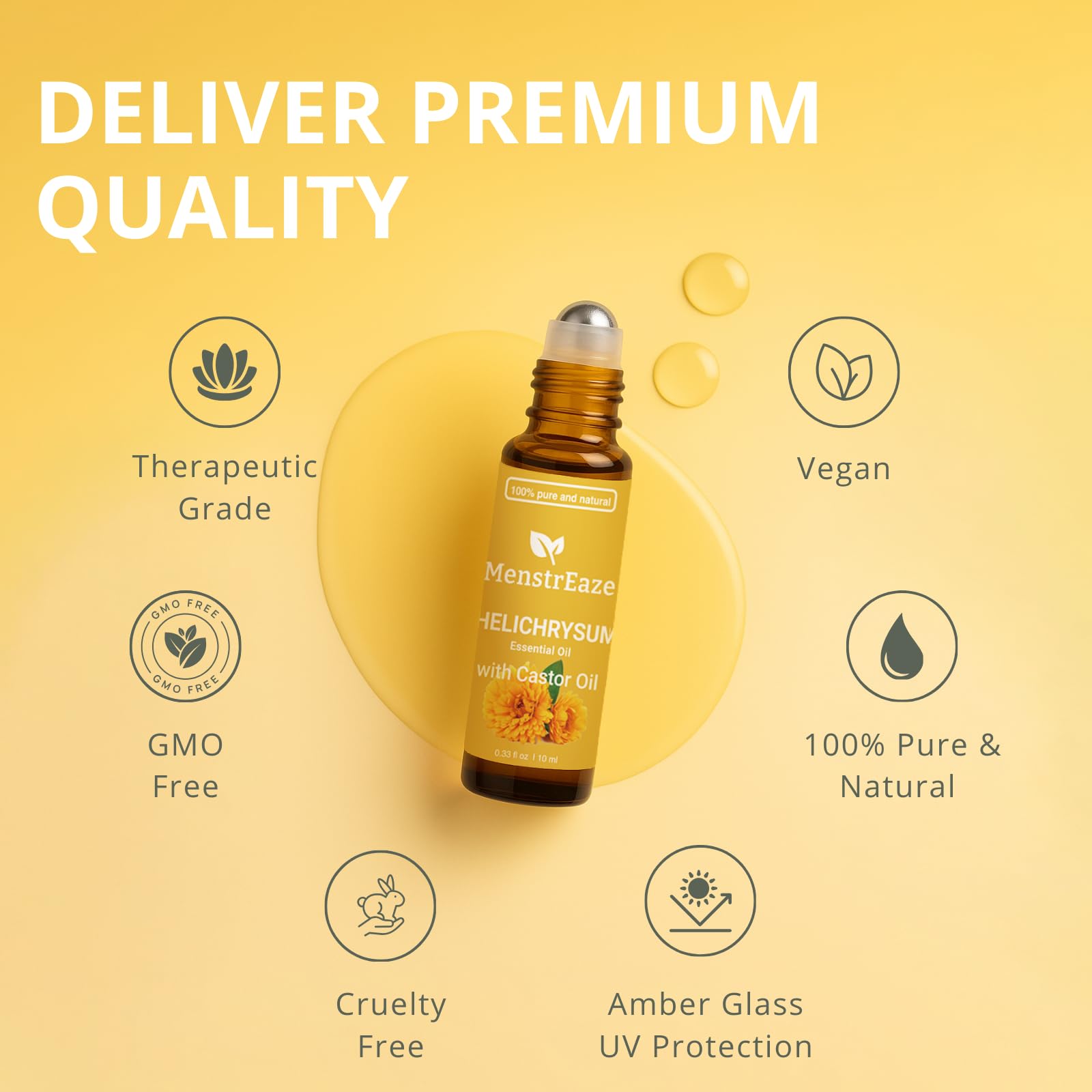 MenstrEaze ingredients visual Helichrysum and Castor oils.