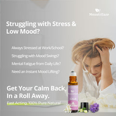 Close-up of Neroli Roll-On highlighting soothing aroma for mood support by MenstrEaze.