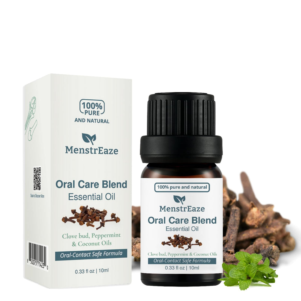 MenstrEaze oral care blend bottle showing pre-diluted formula for easy gum use