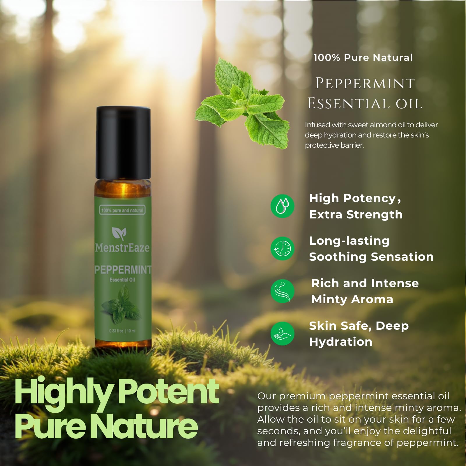 MenstrEaze peppermint roll-on ready for on-the-go aroma and focus support.