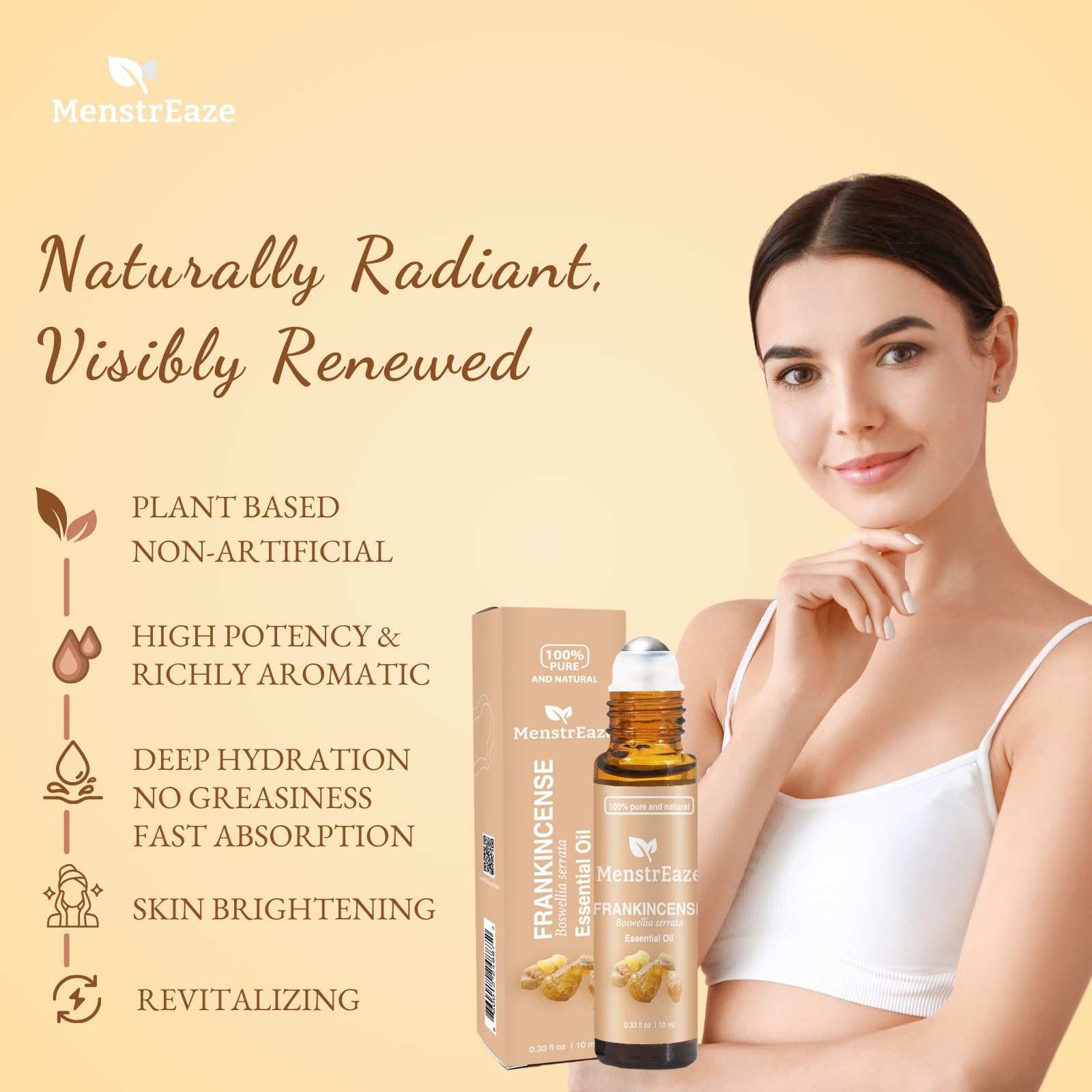 MenstrEaze pure frankincense oil blend emphasizes potency and natural skincare support.