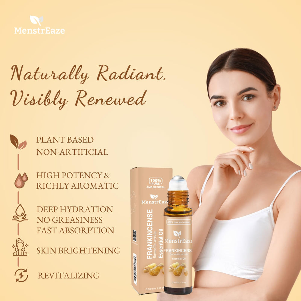 MenstrEaze pure frankincense oil blend emphasizes potency and natural skincare support.