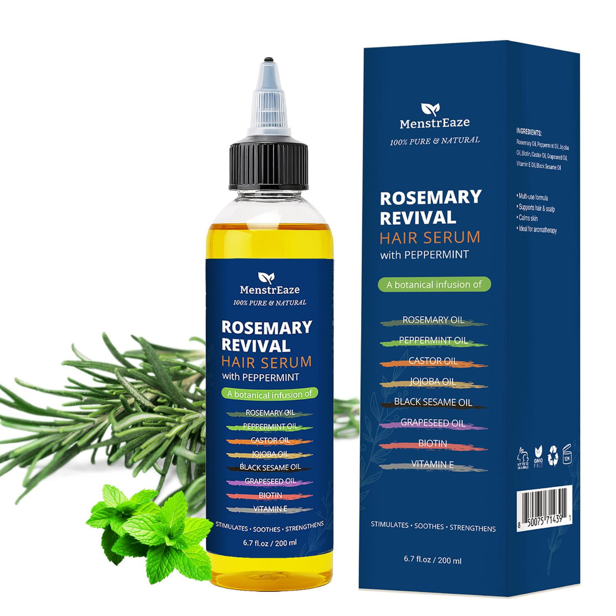 MenstrEaze rosemary-peppermint-castor oil bottle for scalp refresh and hair nourishment.