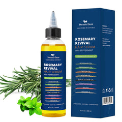 MenstrEaze rosemary-peppermint-castor oil bottle for scalp refresh and hair nourishment.