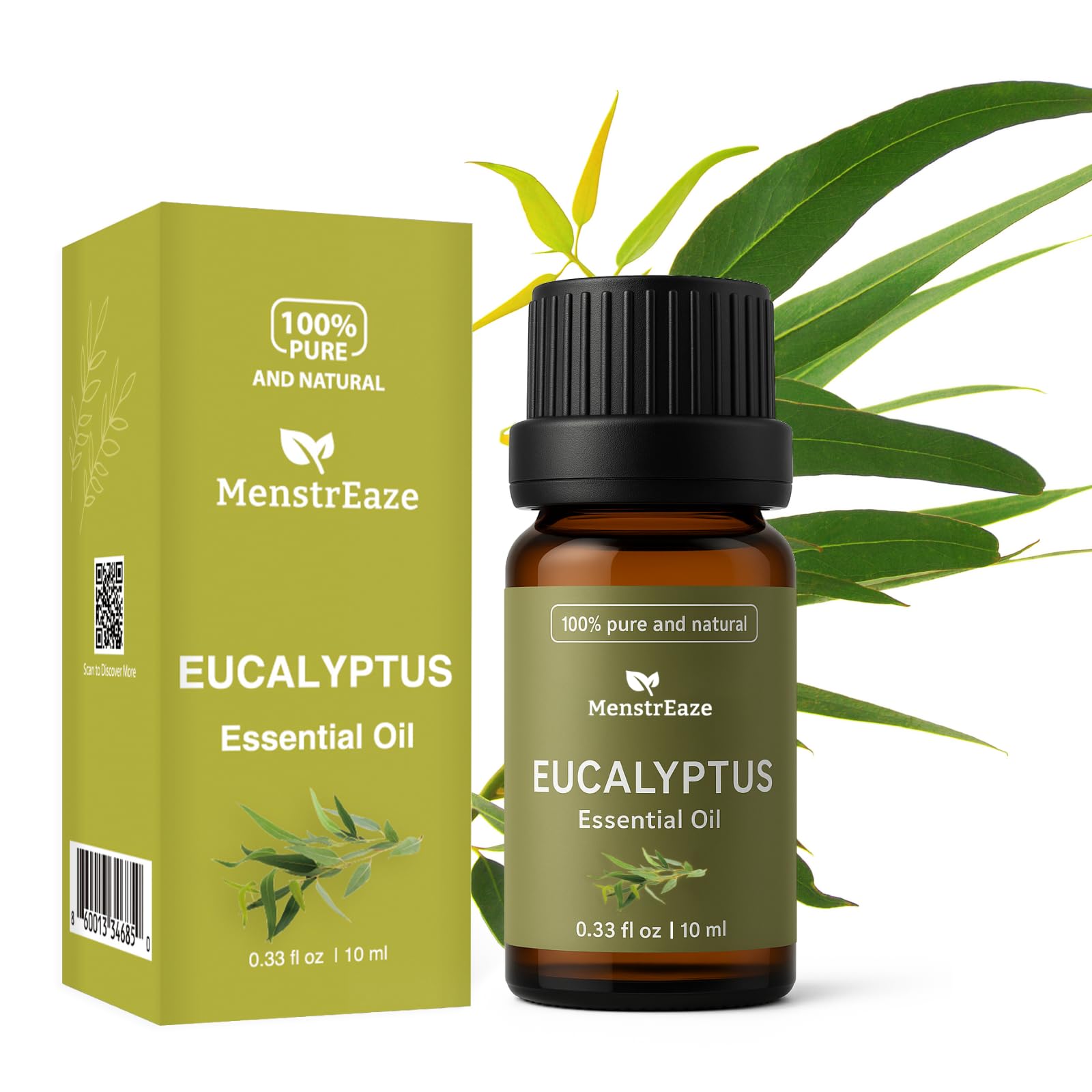 MenstrEaze eucalyptus oil bottle for diffusers and skincare routines.