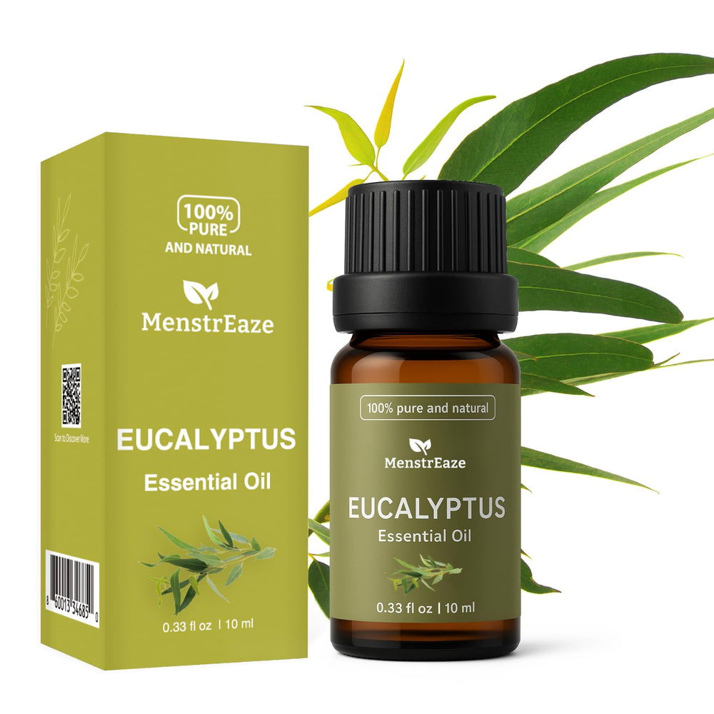 MenstrEaze eucalyptus oil bottle for diffusers and skincare routines.