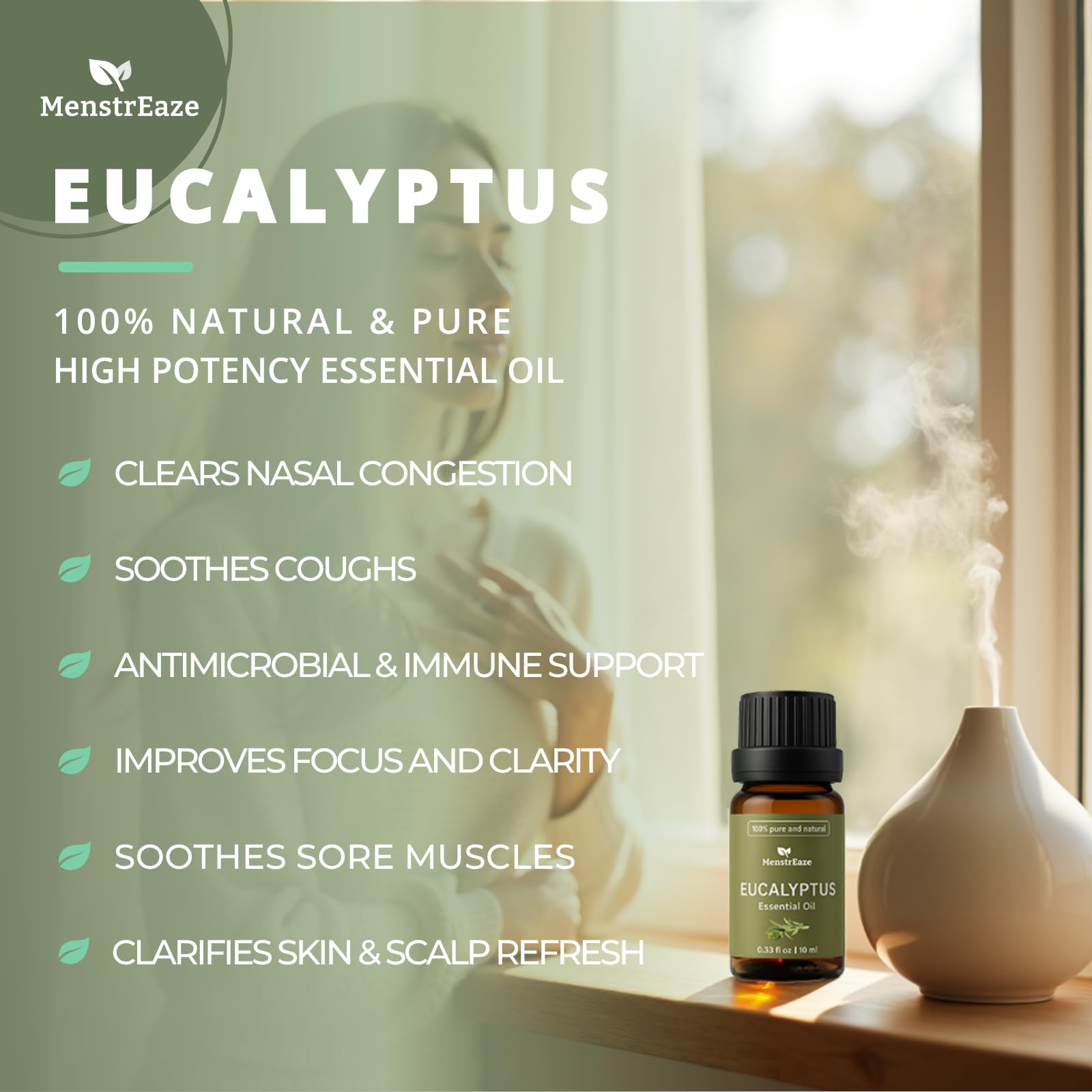 MenstrEaze eucalyptus oil dropper emphasizes purity and convenient cosmetic use.