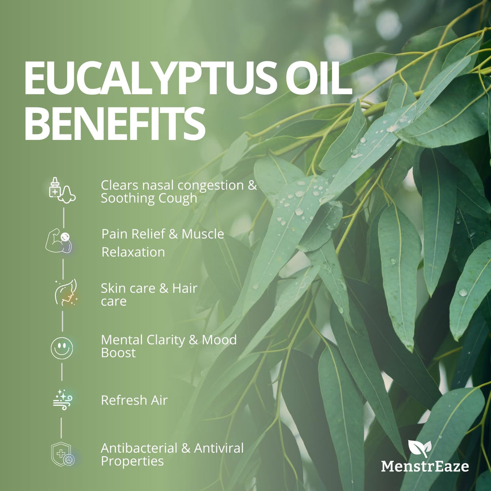 MenstrEaze eucalyptus oil hair-care shot hints at scalp nourishment and shine.