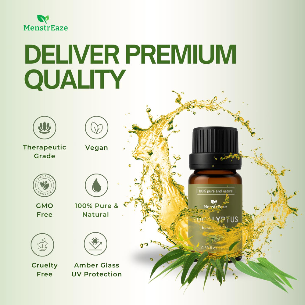 MenstrEaze eucalyptus oil steam-diffusion close-up suggests rapid aroma diffusion and ambience.