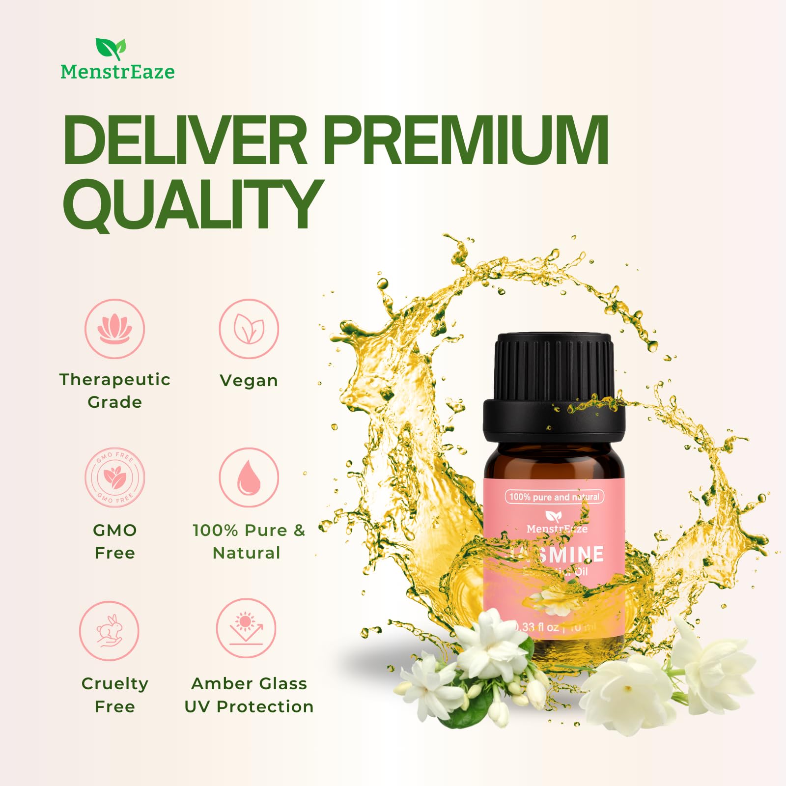 MenstrEaze Jasmine oil close-up on skin highlights aroma and ambience.