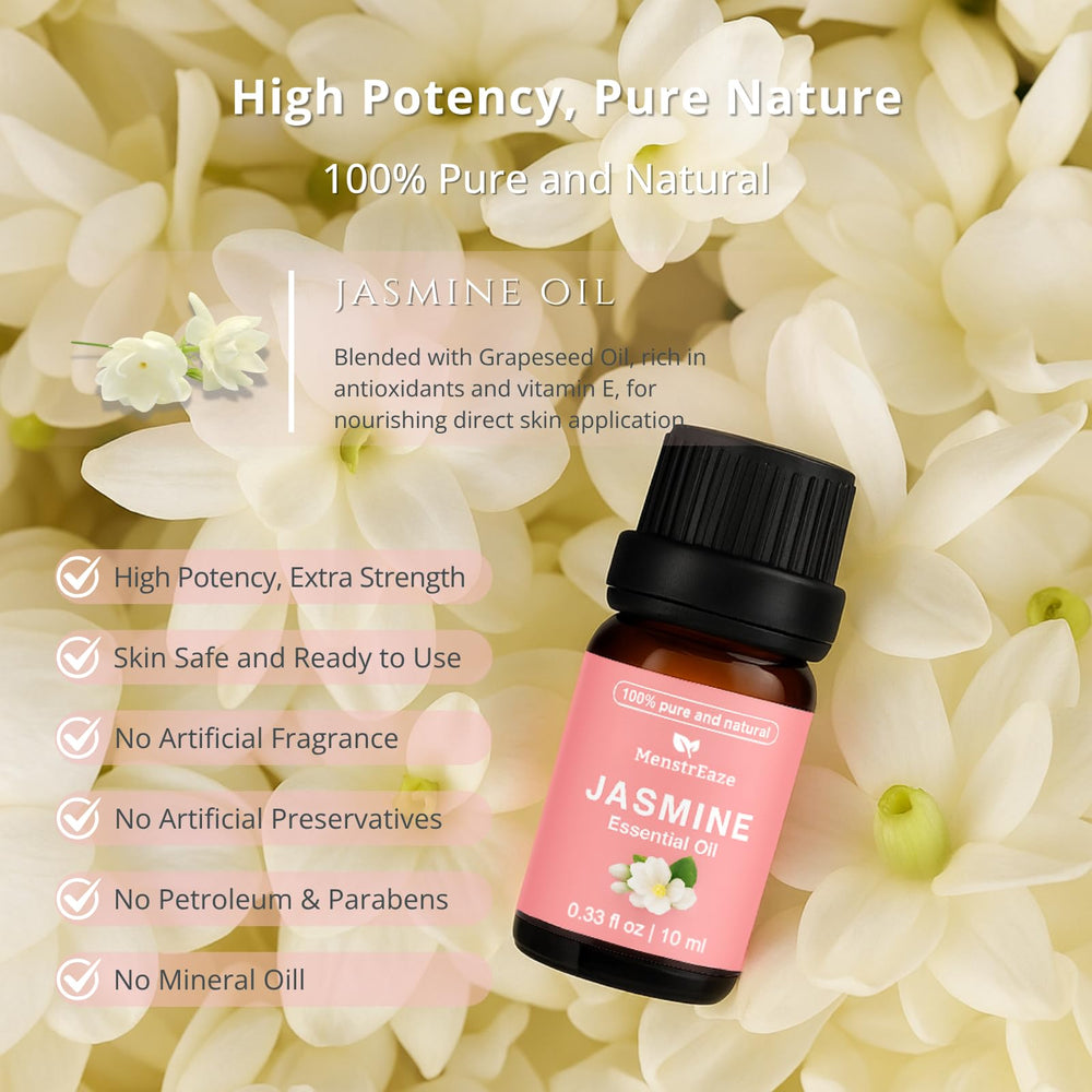 MenstrEaze Jasmine oil dropper bottle supports skin and hair care routines.
