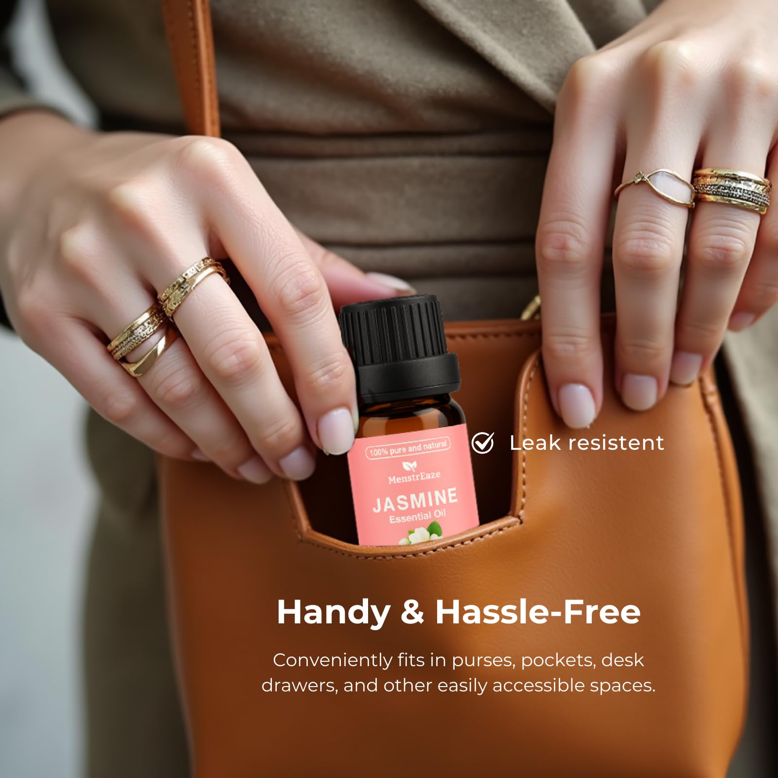 MenstrEaze Jasmine oil travel amber bottle safeguards potency on trips.