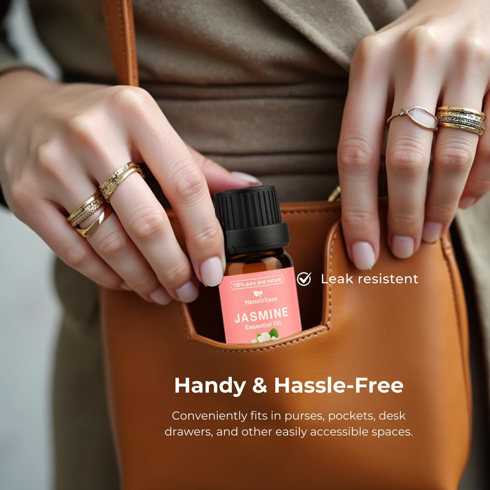 MenstrEaze Jasmine oil travel amber bottle safeguards potency on trips.