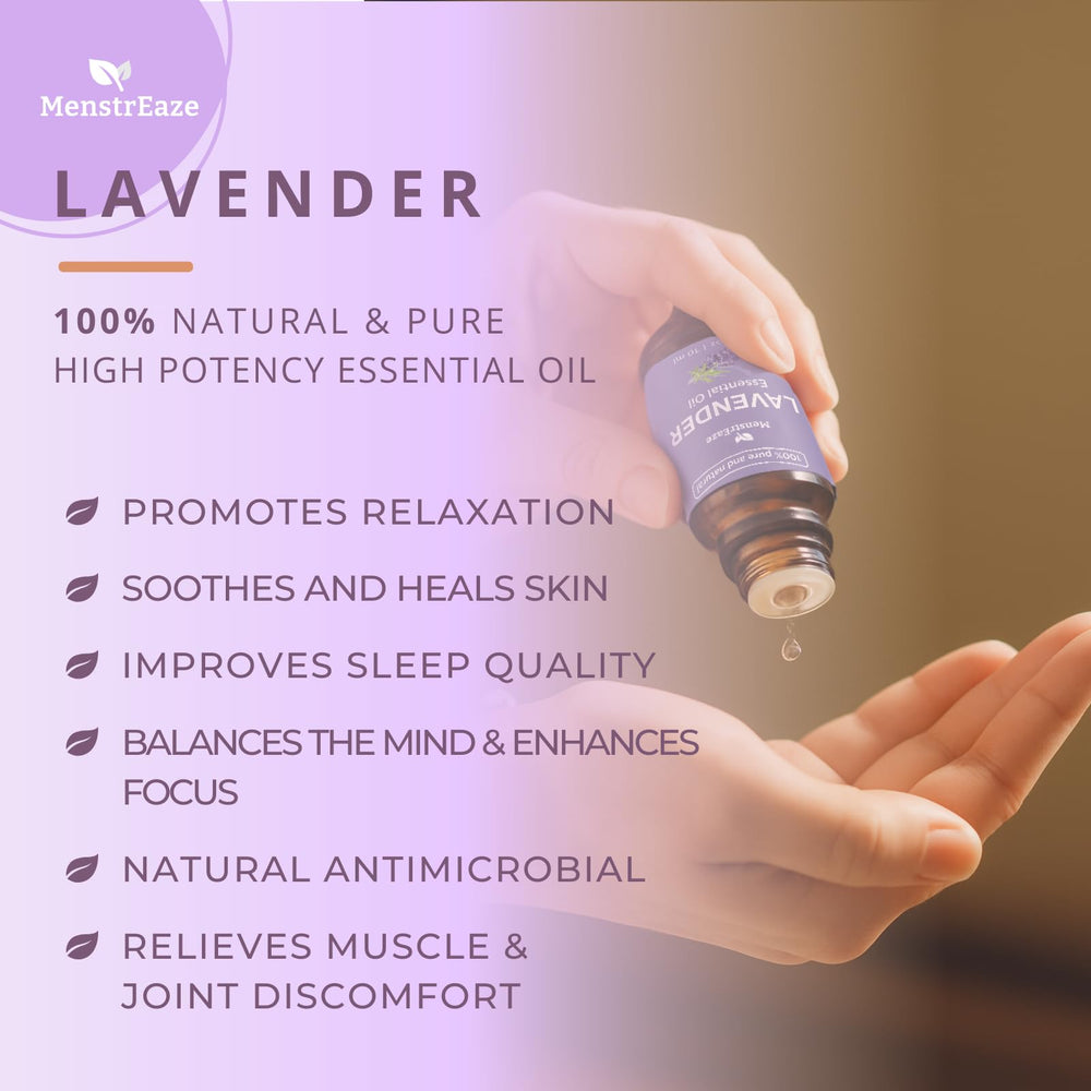 MenstrEaze lavender oil in a bath scene for relaxing moments.