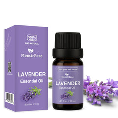 MenstrEaze lavender oil bottle with direct skin use and calming scent.